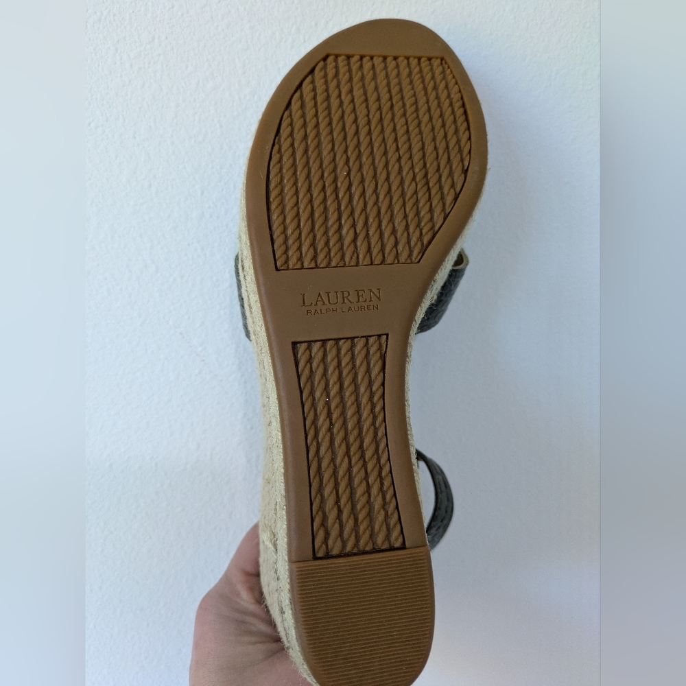 Ralph Lauren Hale Wedge T-Strap Open Toe Green Leather Sandals Size 10 B - Picture 3 of 10